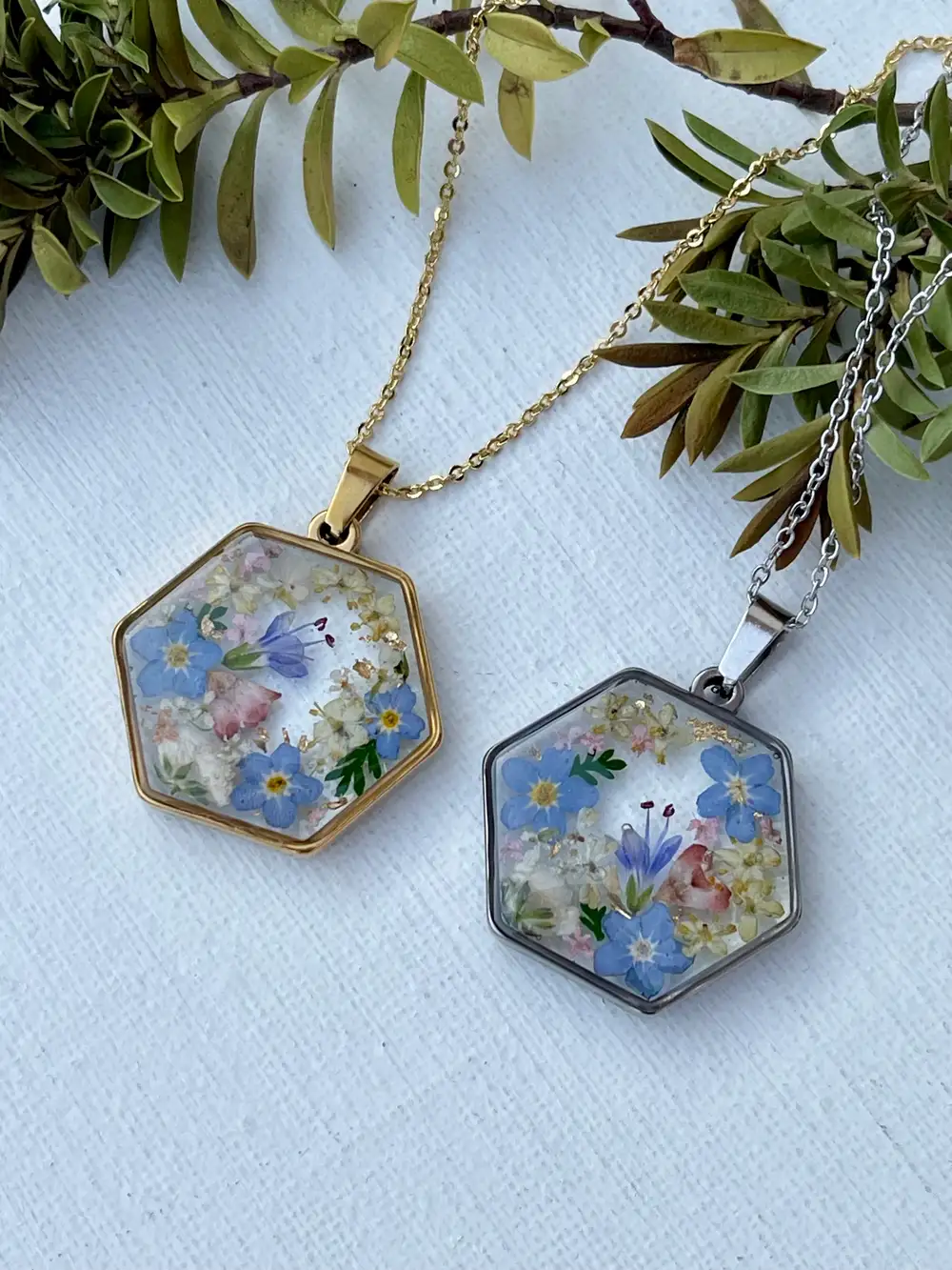 Hexagon necklace with real pressed flowers