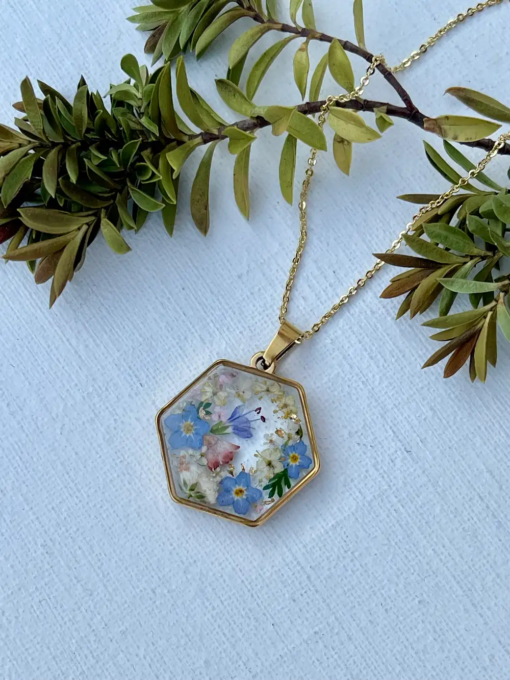 Hexagon necklace with real pressed flowers