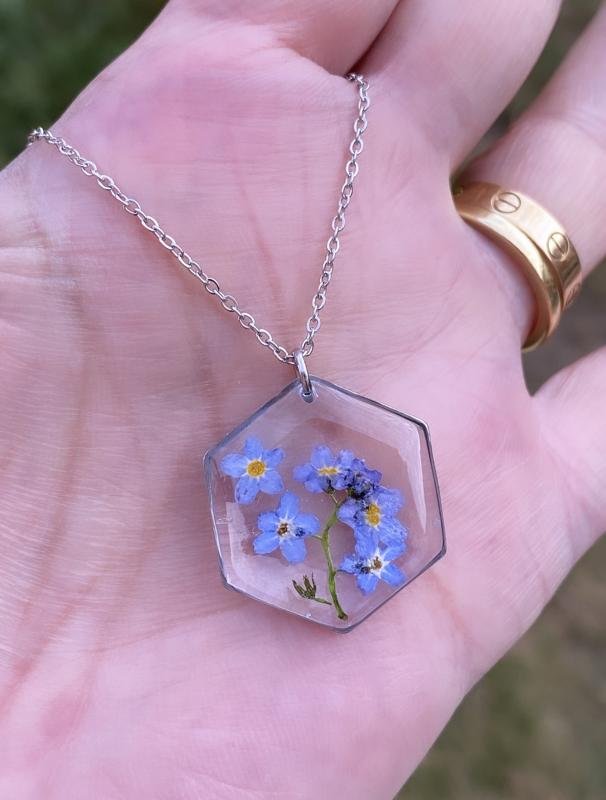 Forget me not flowers hexagon necklace