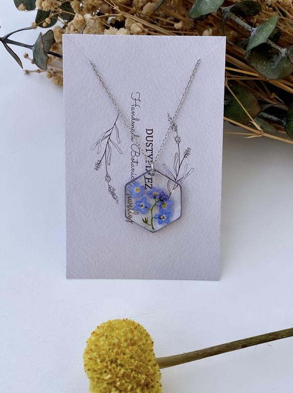 Forget me not flowers hexagon necklace