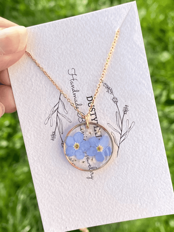 Real forget me not flowers terrarium necklace