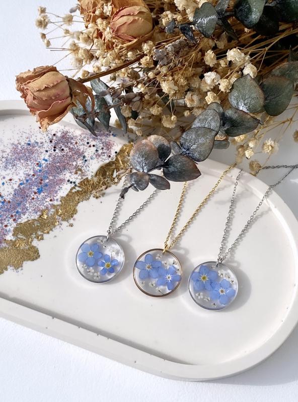 Real forget me not flowers terrarium necklace