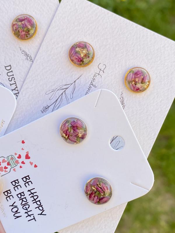 Real scotch heather stud earrings, dainty, sterling silver
