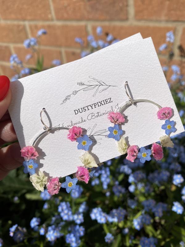 Sterling silver real pressed flower earrings | forget me nots and gypsophila