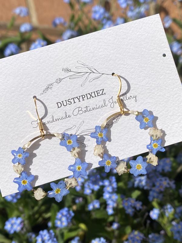 Real pressed flower earrings with forget me nots and gypsophila