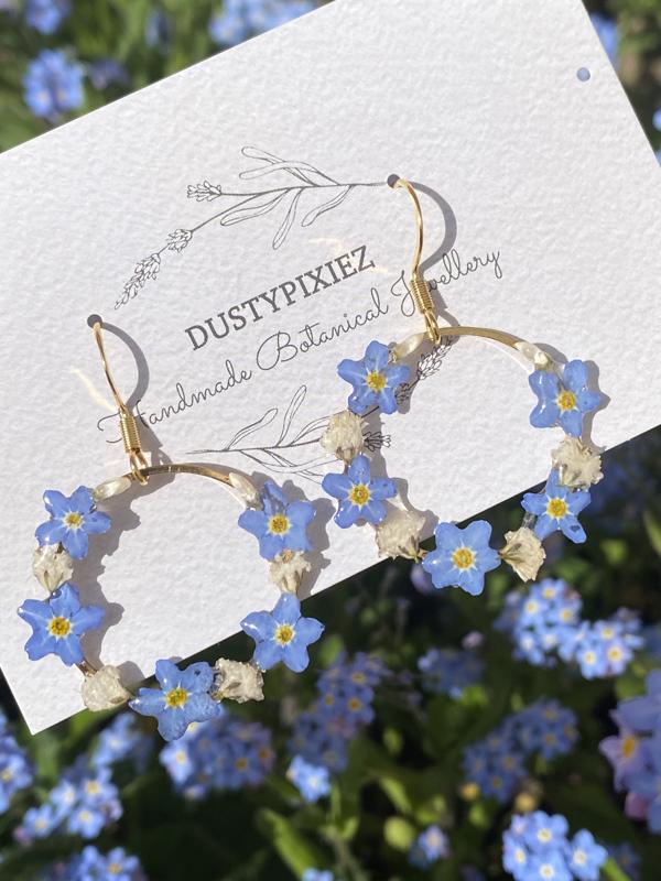 Real pressed flower earrings with forget me nots and gypsophila