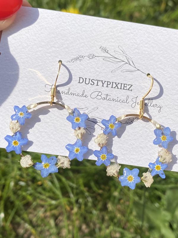 Real pressed flower earrings with forget me nots and gypsophila