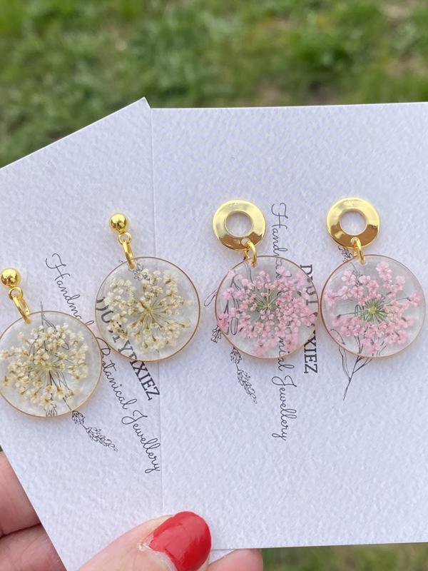Pink floral earrings with Queen Anne’s lace flowers | stainless steel