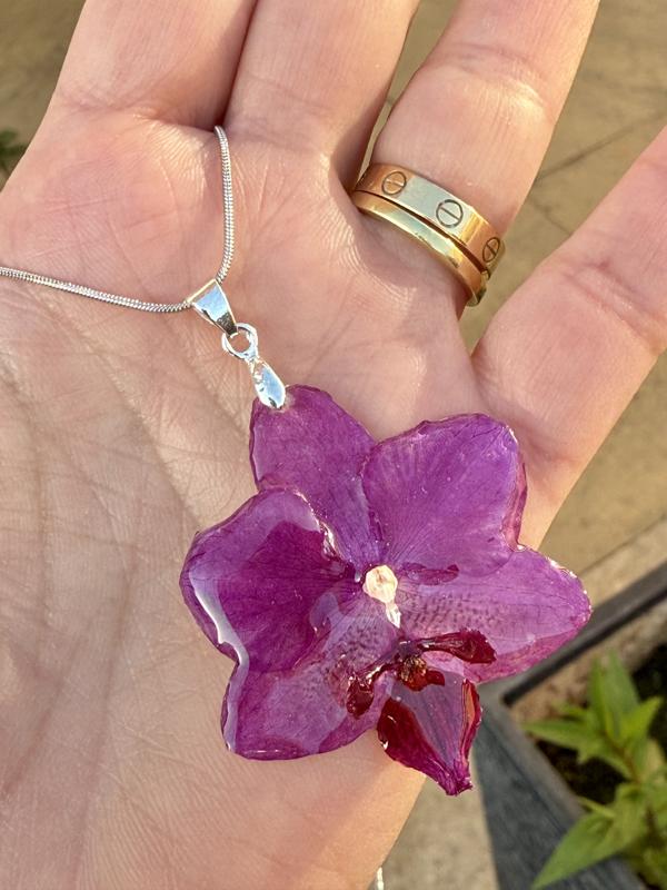 Real Orchid Flower Necklace | Pink/ Purple Orchid | Silver, Stainless Steel
