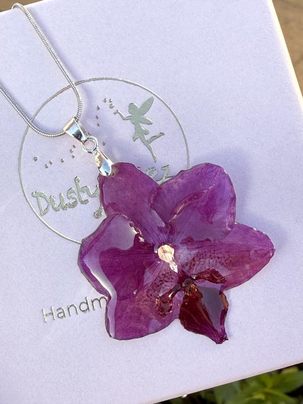Real Orchid Flower Necklace | Pink/ Purple Orchid | Silver, Stainless Steel