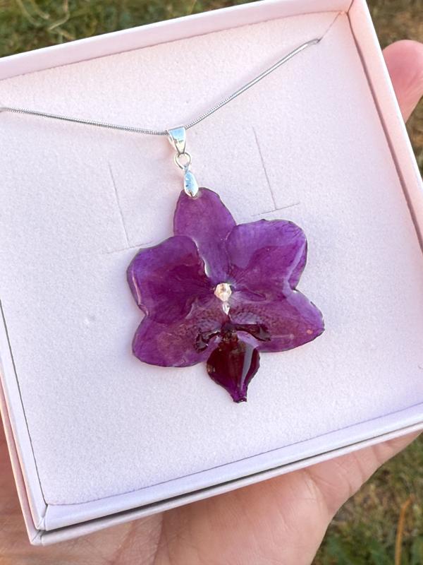 Real Orchid Flower Necklace | Pink/ Purple Orchid | Silver, Stainless Steel