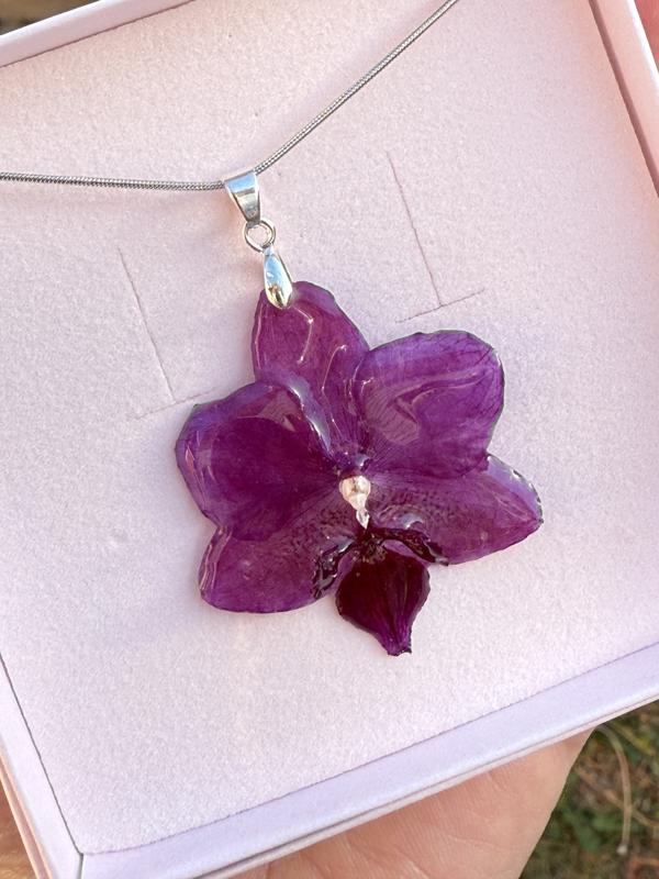 Real Orchid Flower Necklace | Pink/ Purple Orchid | Silver, Stainless Steel