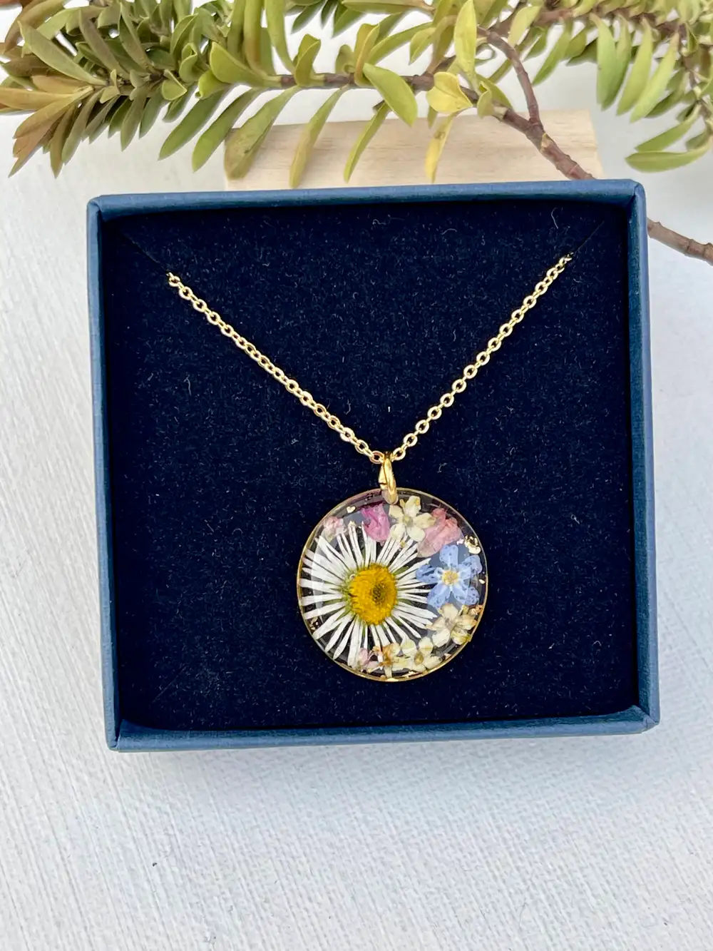 Dainty summer garden necklace with real pressed flowers