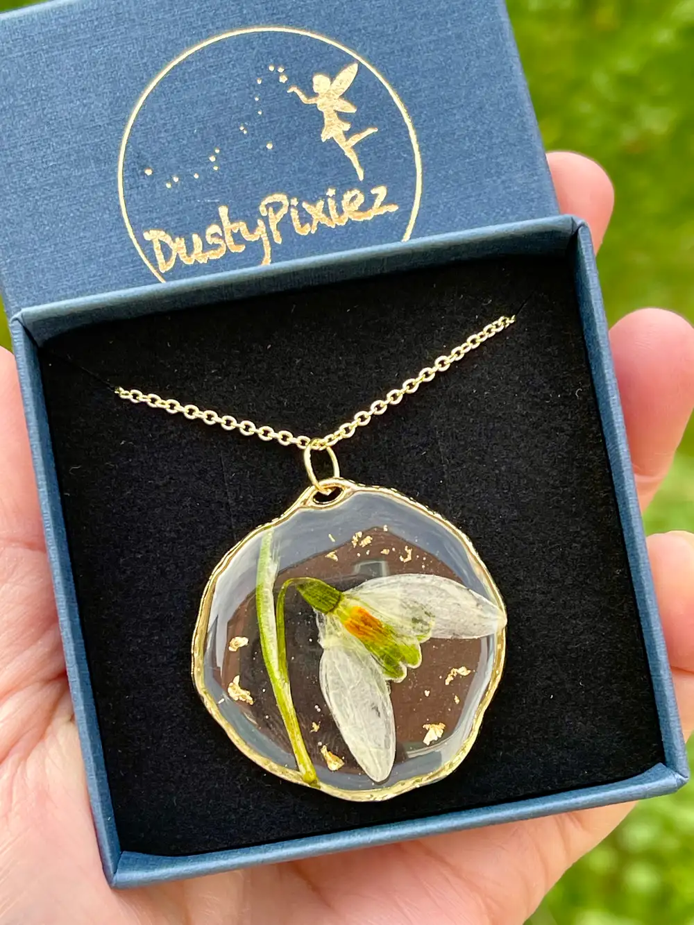 Pressed Snowdrop Flower Necklace, January Birth Flower, Stainless Steel