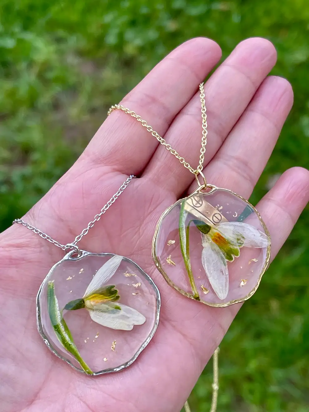 Pressed Snowdrop Flower Necklace, January Birth Flower, Stainless Steel