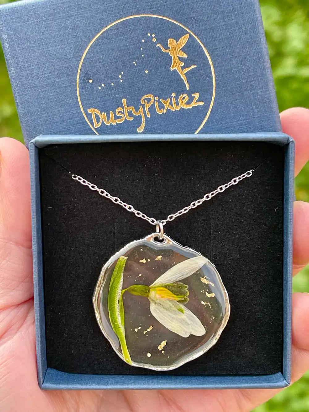 Pressed Snowdrop Flower Necklace, January Birth Flower, Stainless Steel