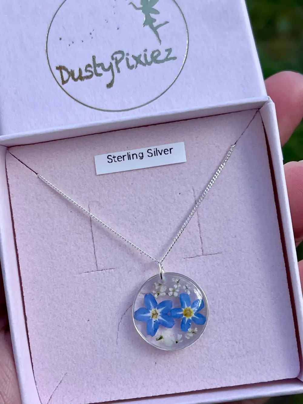 Sterling silver forget me not necklace