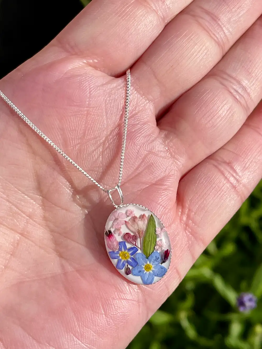 Beautiful forget me not flower necklace, sterling silver