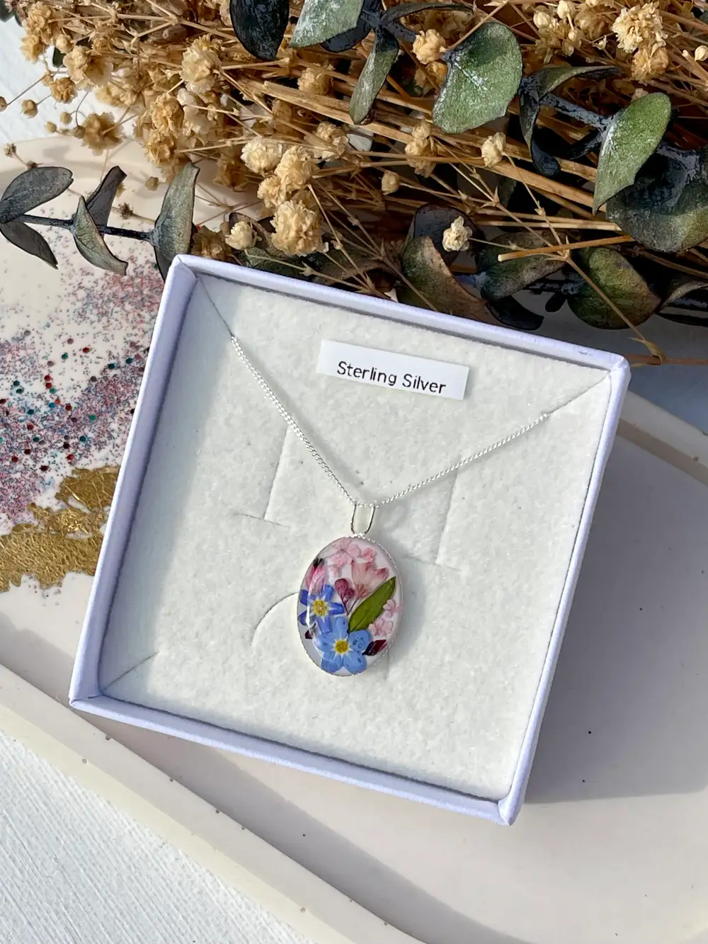 Beautiful forget me not flower necklace, sterling silver