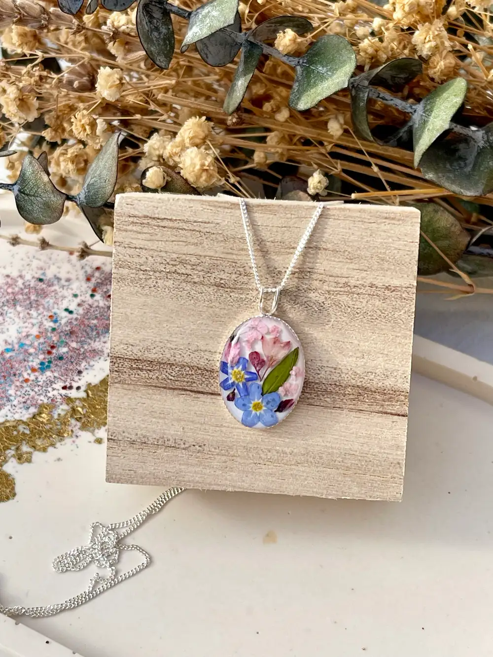 Beautiful forget me not flower necklace, sterling silver