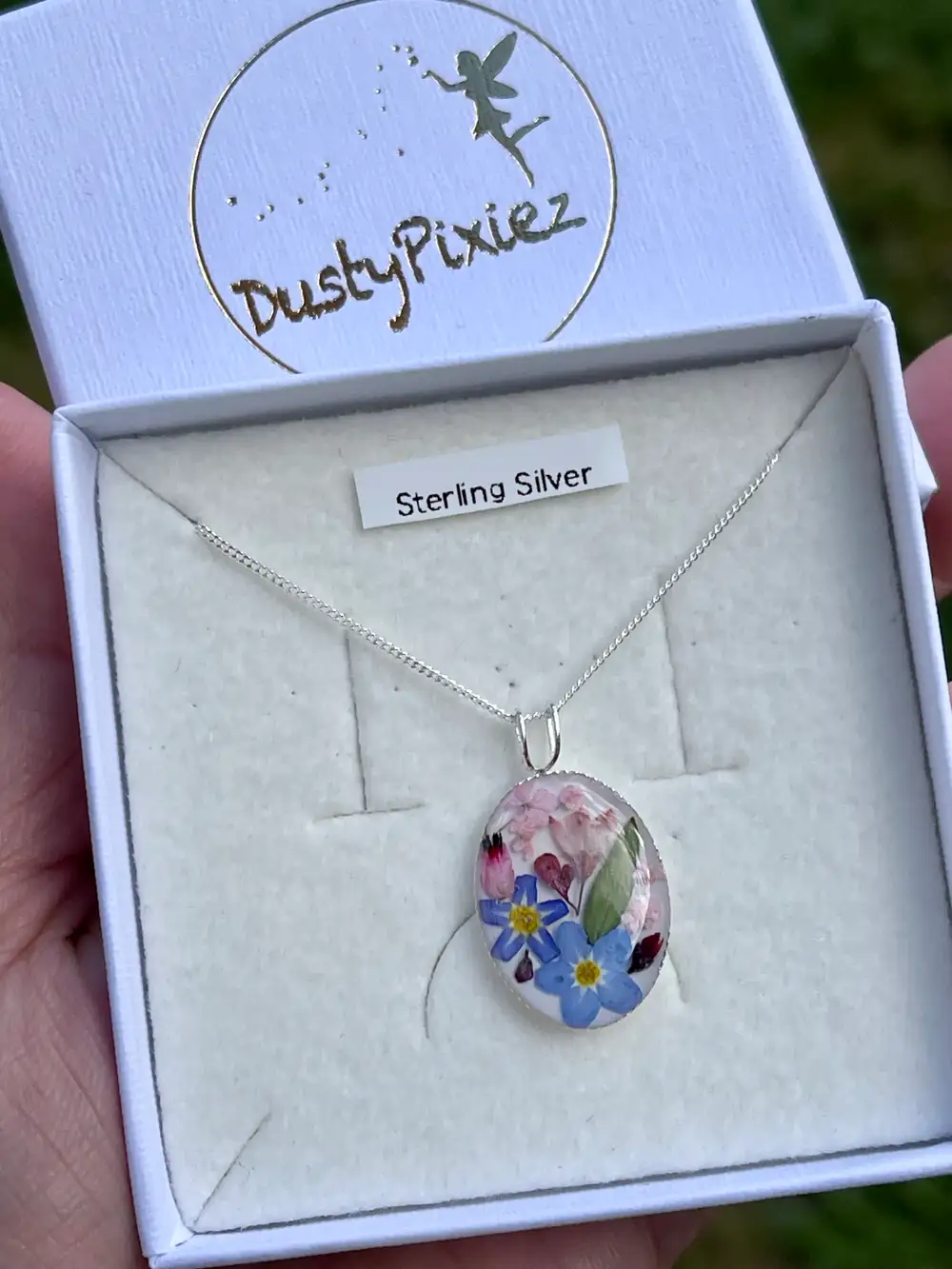 Beautiful forget me not flower necklace, sterling silver