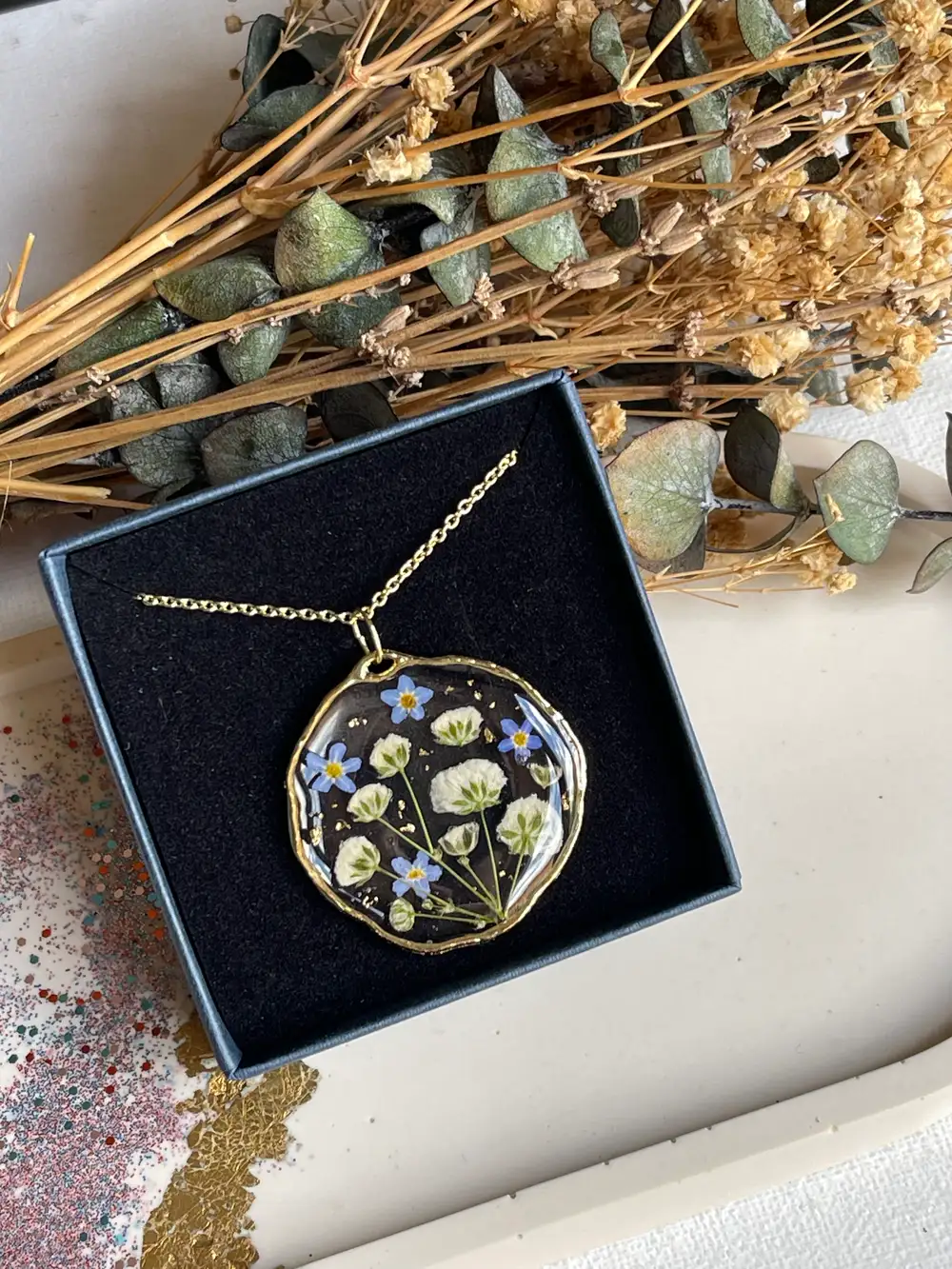 Gypsophila and forget me not hammered edge pendant
