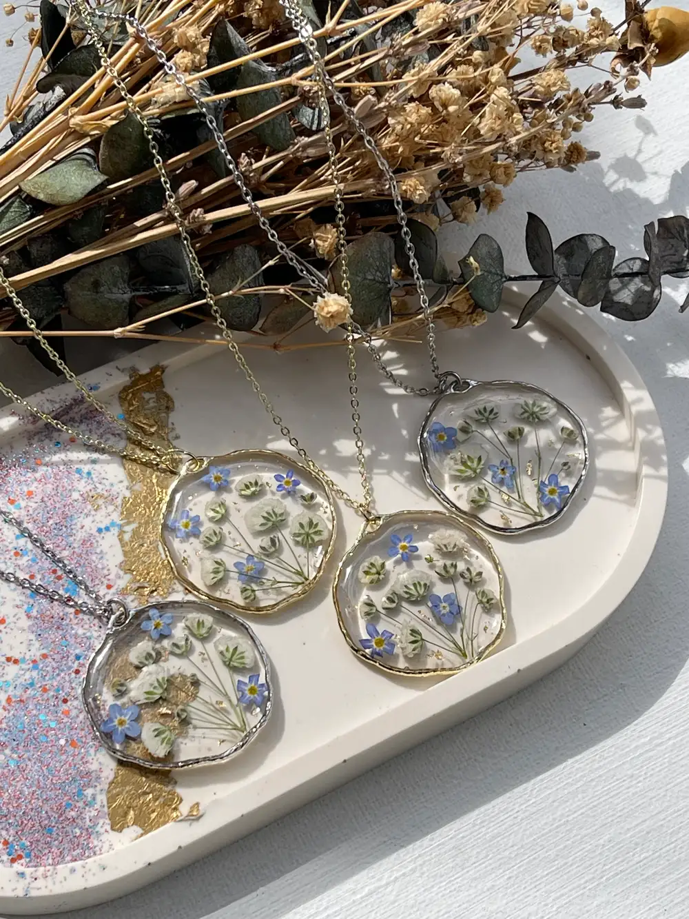 Gypsophila and forget me not hammered edge pendant