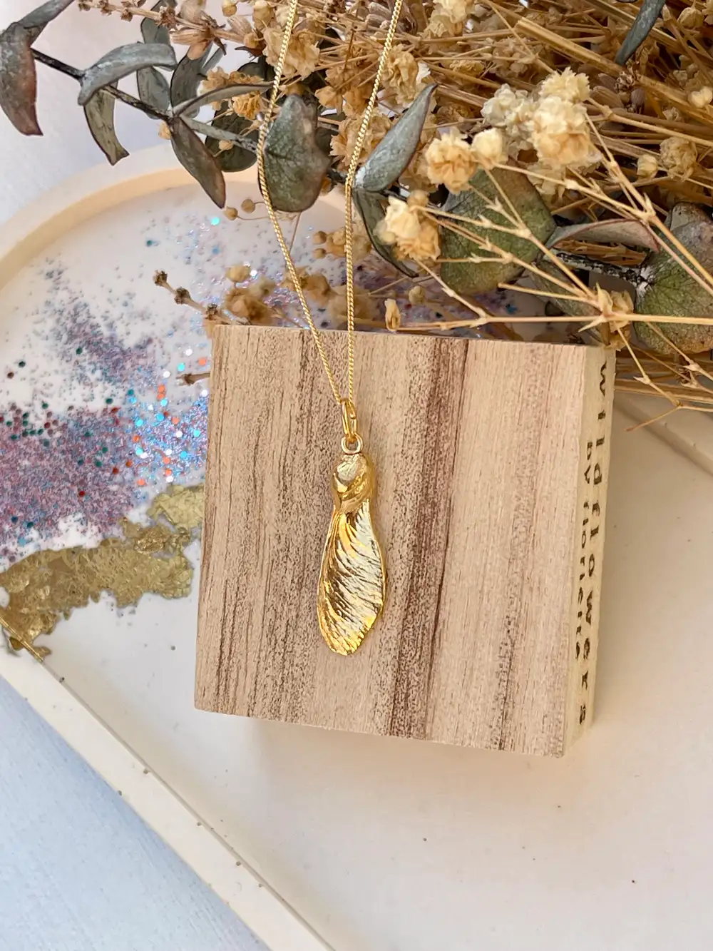 Gold Sycamore Seed Pendant Necklace