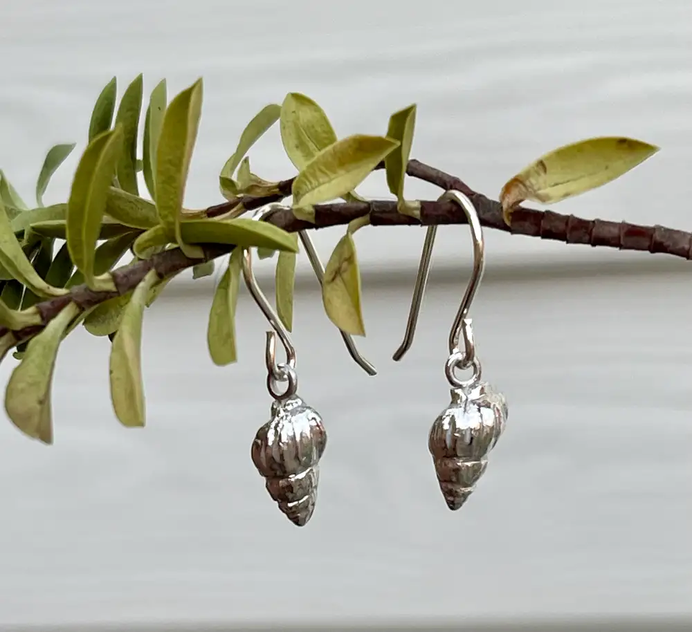 Silver Whelk Shell dangle and drop Earrings: Dainty Beach Handmade Earrings