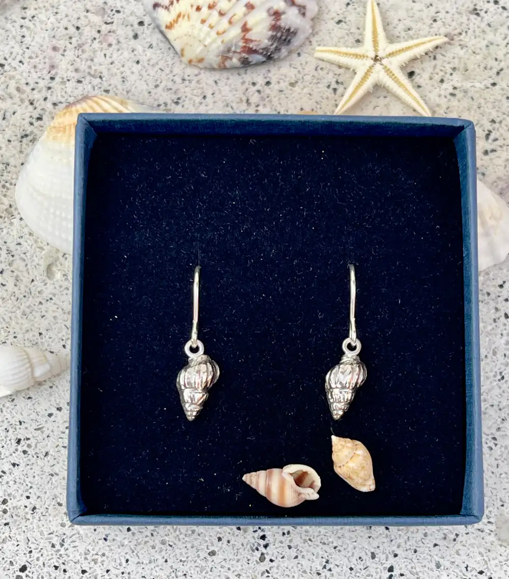 Silver Whelk Shell dangle and drop Earrings: Dainty Beach Handmade Earrings