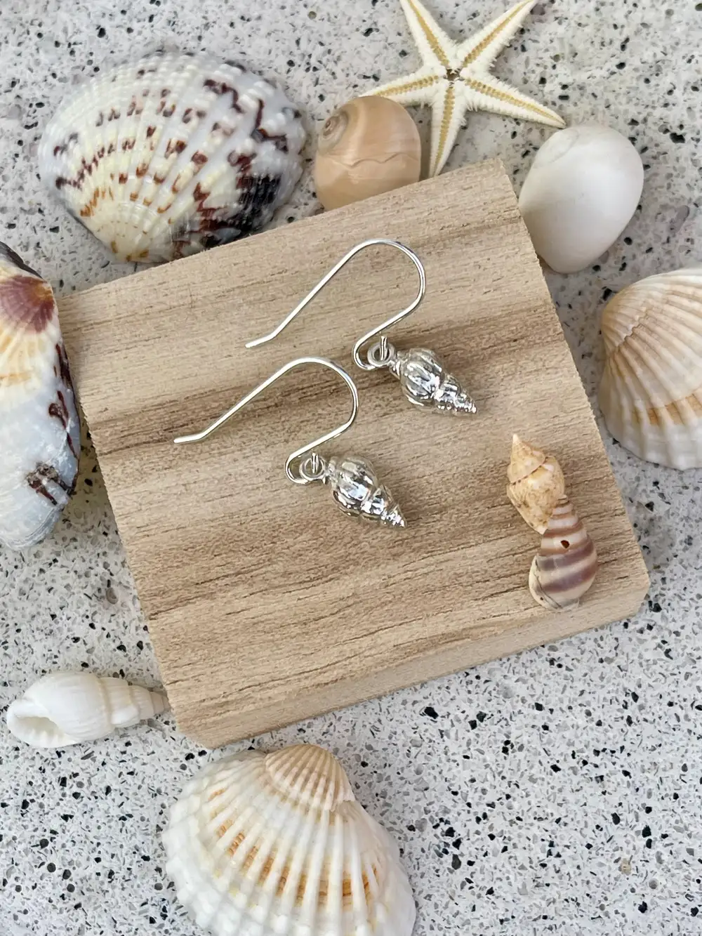 Silver Whelk Shell dangle and drop Earrings: Dainty Beach Handmade Earrings