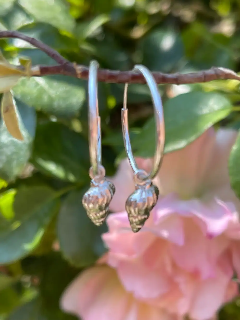 Silver Whelk Shell dangle and drop Earrings: Dainty Beach Handmade Earrings