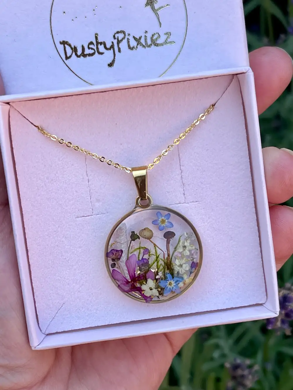 Real Mushroom Lichen Necklace: Terrarium Pendant with Dried Flowers, Stainless Steel