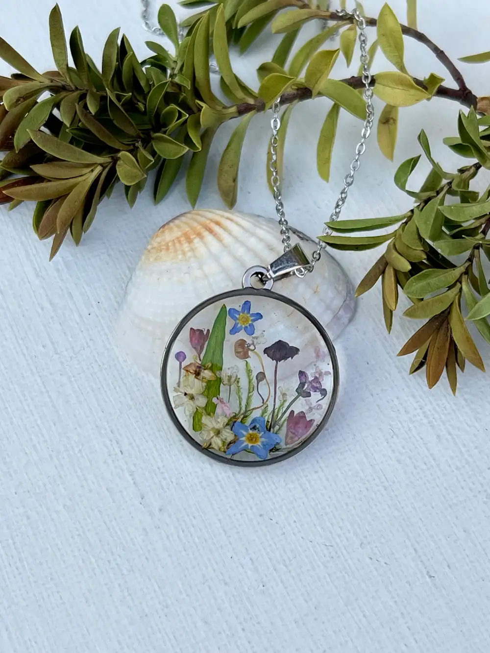 Real Mushroom Lichen Necklace: Terrarium Pendant with Dried Flowers, Stainless Steel