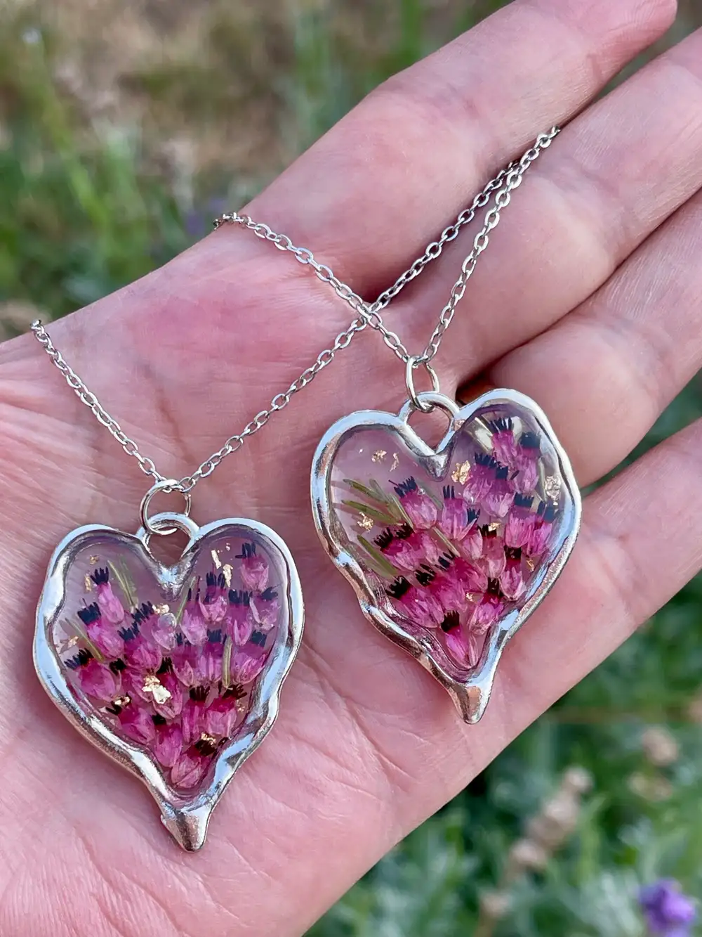 Handmade Pressed Heather Heart Necklace, Stainless Steel, Gift for Her