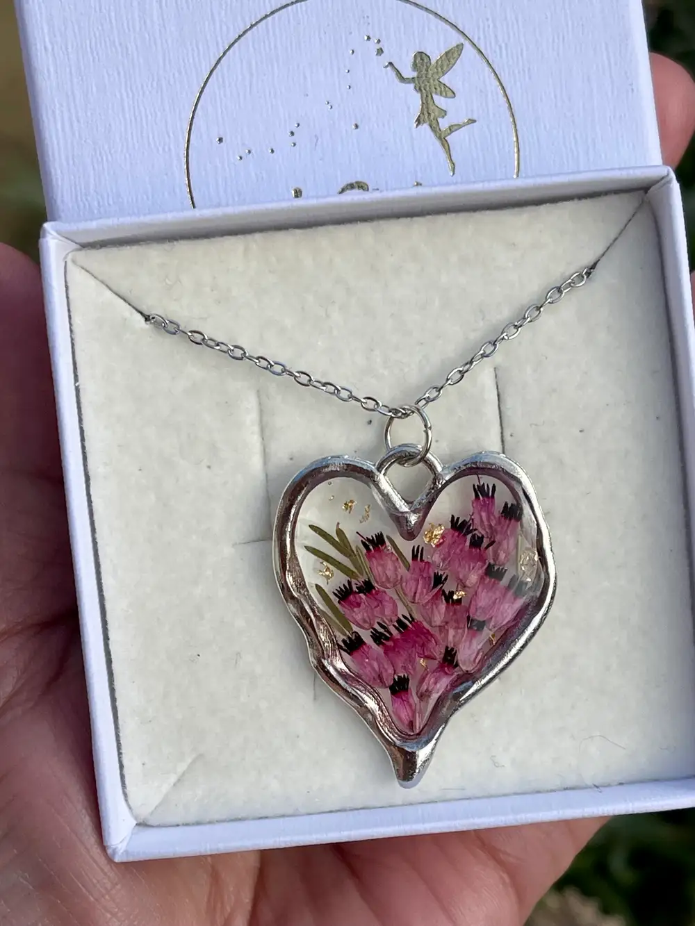 Handmade Pressed Heather Heart Necklace, Stainless Steel, Gift for Her