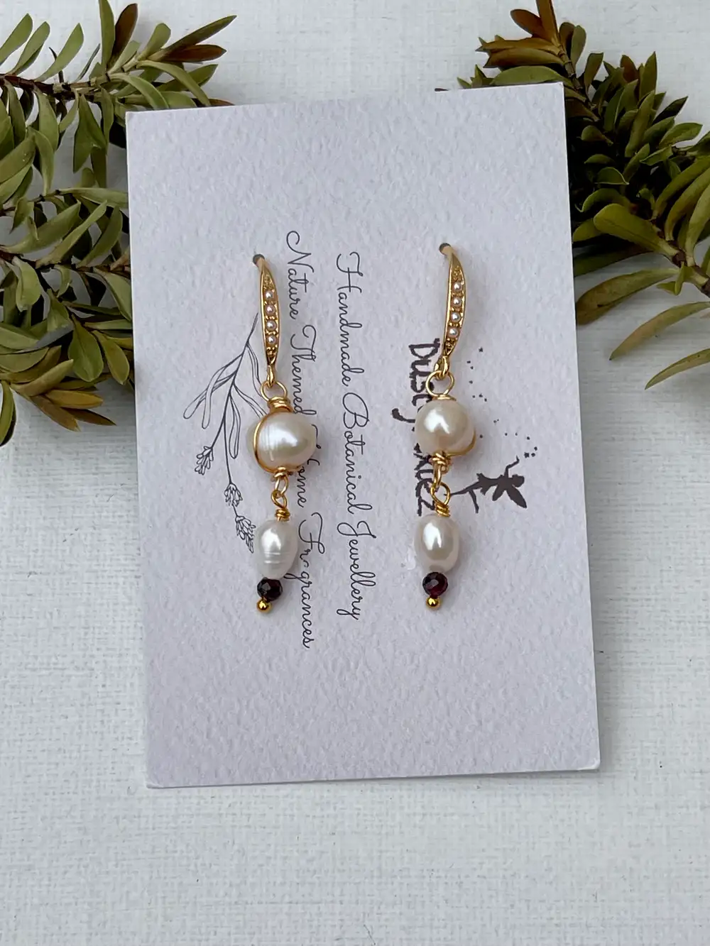 Gold Plated Freshwater Pearl and Garnet Drop Earrings