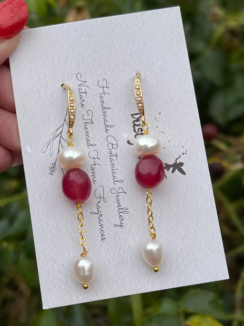 Gold Plated Freshwater Pearl and Red Agate Earrings