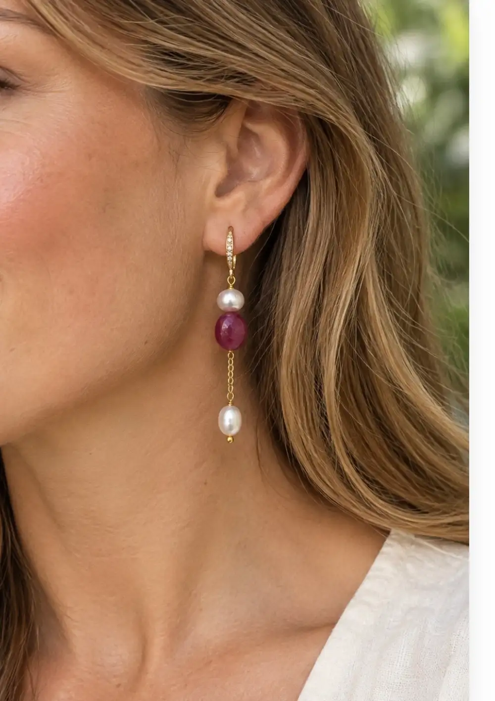 Gold Plated Freshwater Pearl and Red Agate Earrings