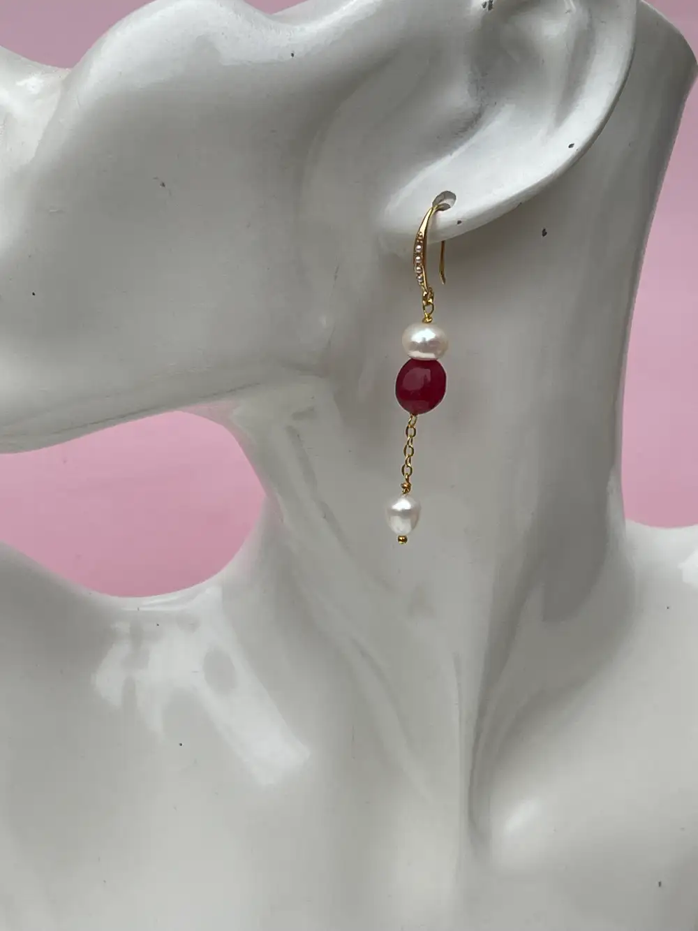 Gold Plated Freshwater Pearl and Red Agate Earrings