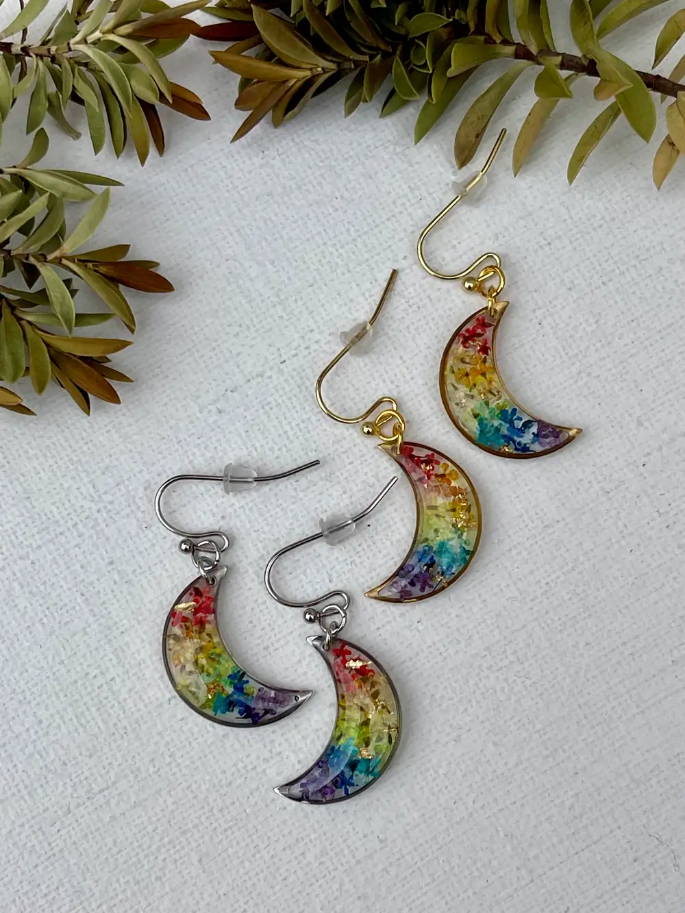 Rainbow Moon Earrings with real flowers