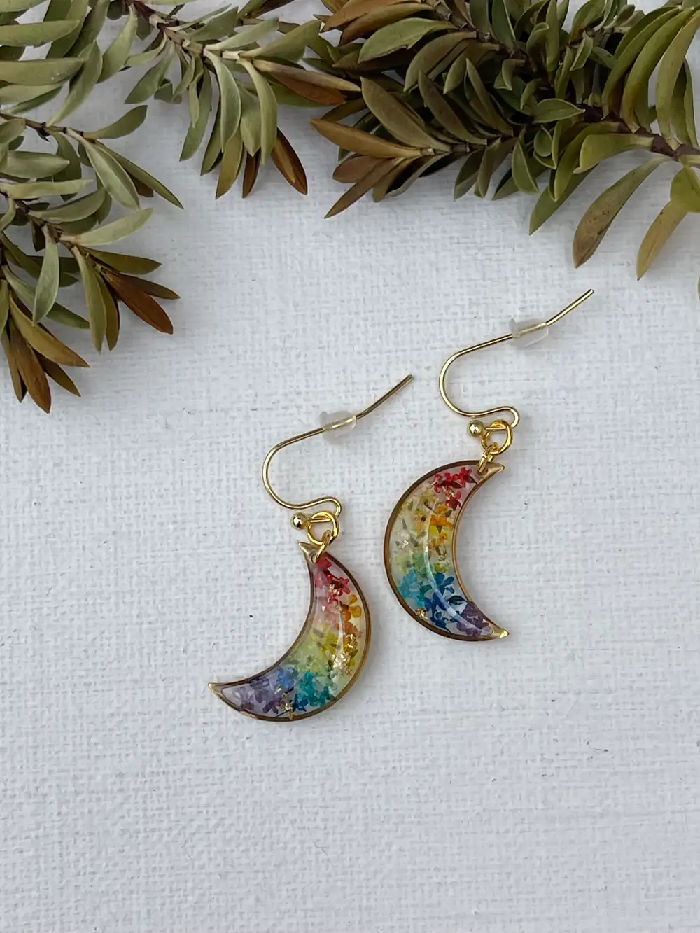 Rainbow Moon Earrings with real flowers