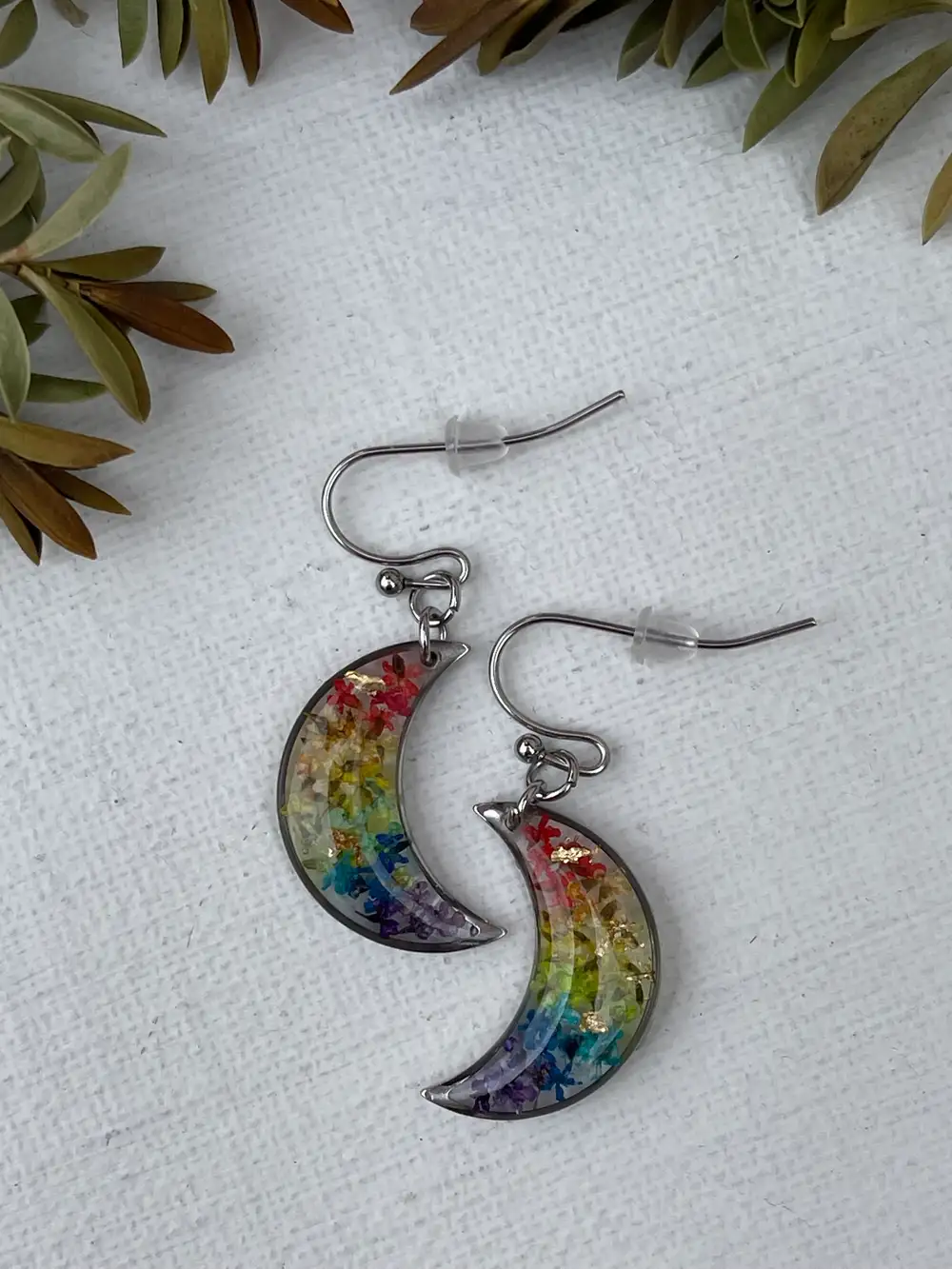Rainbow Moon Earrings with real flowers